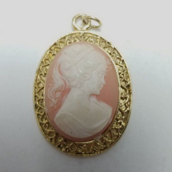 Vintage Cameo Pendant, Gold Tone Frame, Pink White Lady Portrait, Estate - Picture 2 of 5
